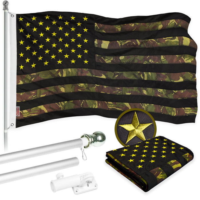 G128 Combo Pack: 6 Ft Tangle Free Aluminum Spinning Flagpole (Silver) & American USA Camouflage Flag 3x5 Ft, ToughWeave Pro Series Embroidered 420D Polyester | Pole with Flag Included