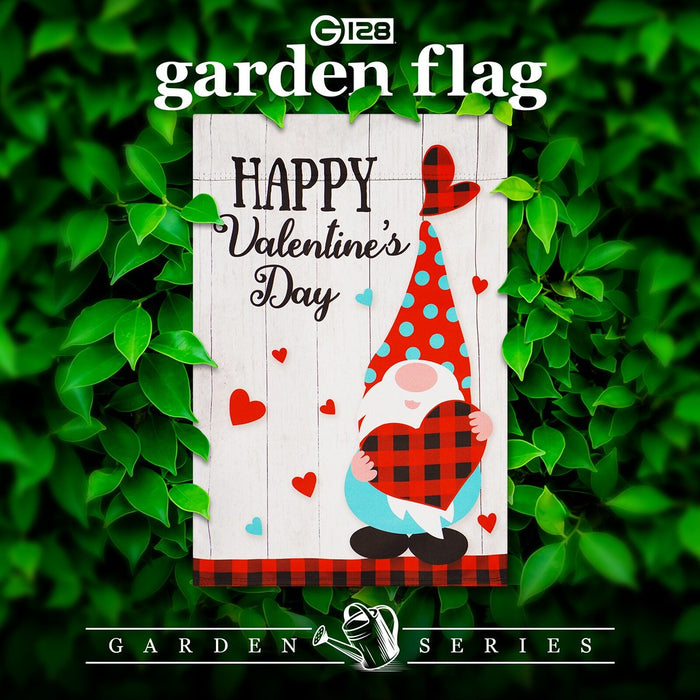 G128 Garden Flag Happy Valentine's Day Gnome Holding Plain Heart 12"x18" Blockout Fabric