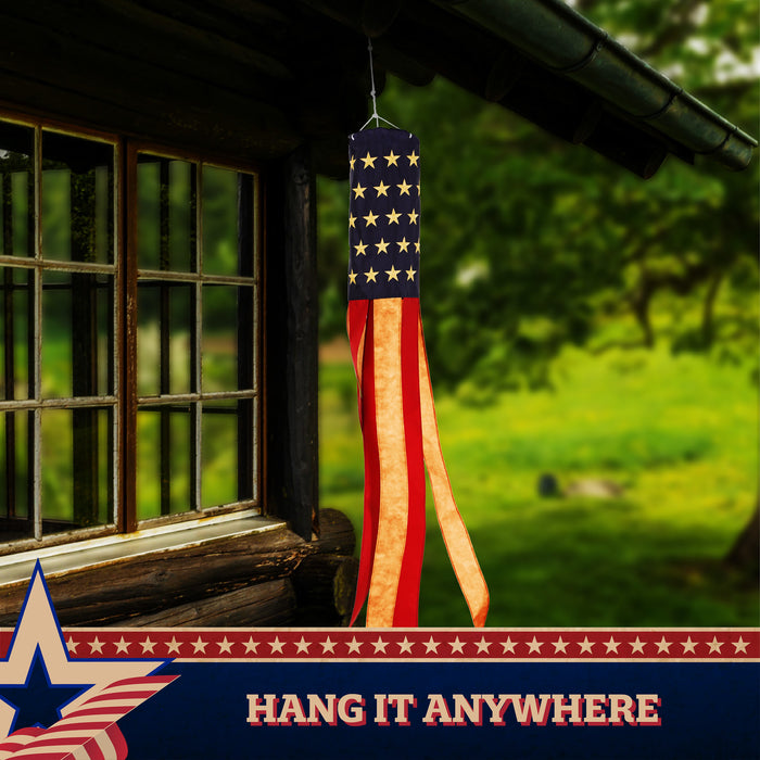 G128 3 Pack: American USA Tea-Stained Windsock | 60 Inch | Embroidered 420D Polyester | Patriotic Decor, Embroidered Design, Indoor/Outdoor, Brass Grommets