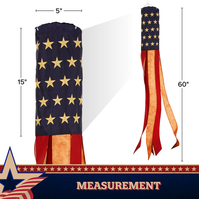 G128 5 Pack: American USA Tea-Stained Windsock | 60 Inch | Embroidered 420D Polyester | Patriotic Decor, Embroidered Design, Indoor/Outdoor, Brass Grommets