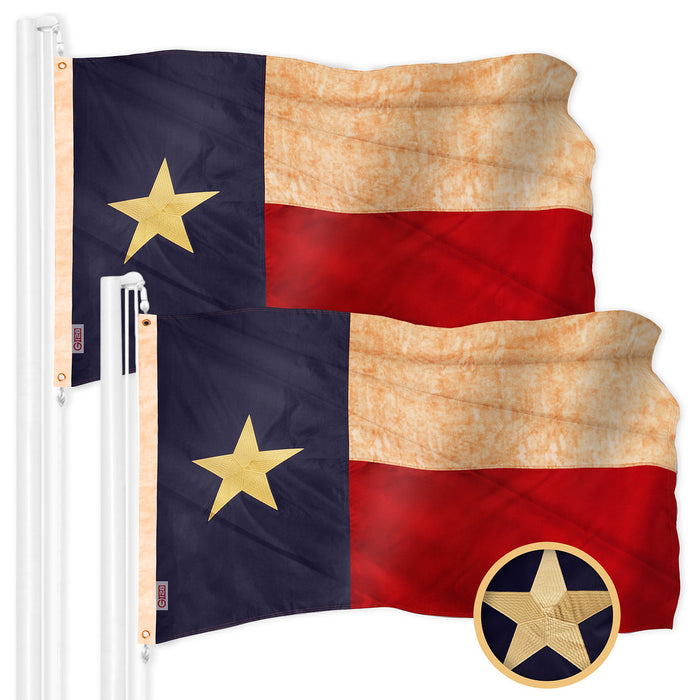 G128 2 Pack: Texas Tea-Stained TX State Flag | 1x1.5 Ft | ToughWeave Pro Series Embroidered 420D Polyester | Embroidered Design, Indoor/Outdoor, Brass Grommets, High Quality