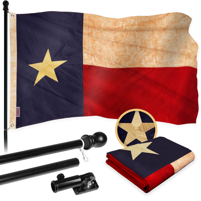 G128 Combo Pack: 6 Ft Tangle Free Aluminum Spinning Flagpole (Black) & Texas Tea-Stained Flag 3x5 Ft, ToughWeave Pro Series Embroidered 420D Polyester | Pole with Flag Included