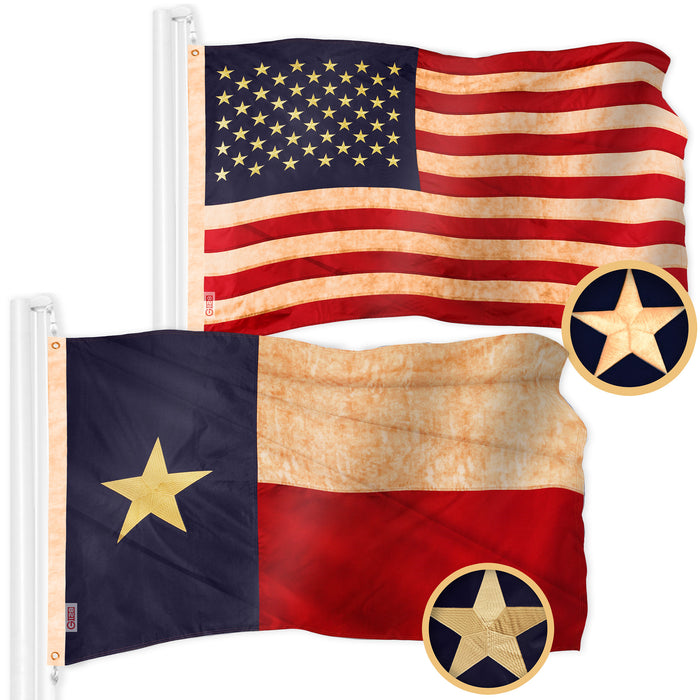 G128 Combo Pack: American USA Tea-Stained Flag 4x6 Ft & Texas Tea-Stained Flag 4x6 Ft | Both ToughWeave Pro Series Embroidered 420D Polyester, Embroidered Design, Indoor/Outdoor, Brass Grommets