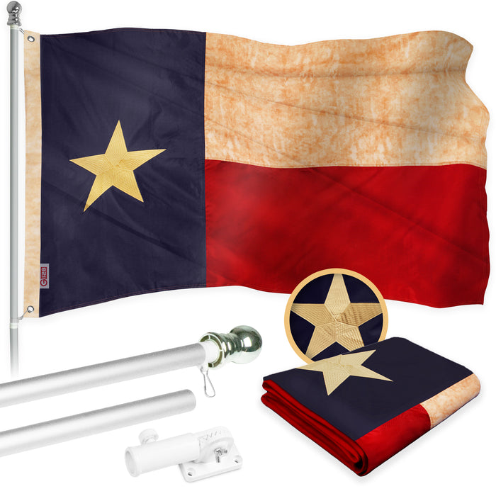 G128 Combo Pack: 6 Ft Tangle Free Aluminum Spinning Flagpole (Silver) & Texas Tea-Stained Flag 3x5 Ft, ToughWeave Pro Series Embroidered 420D Polyester | Pole with Flag Included