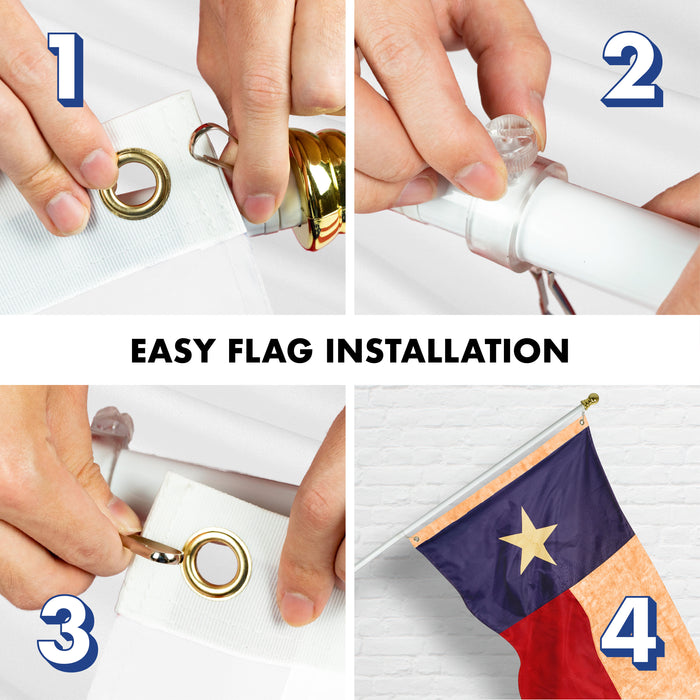 G128 Combo Pack: 5 Ft Tangle Free Aluminum Spinning Flagpole (White) & Texas Tea-Stained Flag 2x3 Ft, ToughWeave Pro Series Embroidered 420D Polyester | Pole with Flag Included