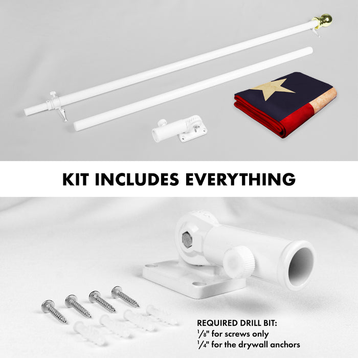G128 Combo Pack: 5 Ft Tangle Free Aluminum Spinning Flagpole (White) & Texas Tea-Stained Flag 2.5x4 Ft, ToughWeave Pro Series Embroidered 420D Polyester | Pole with Flag Included