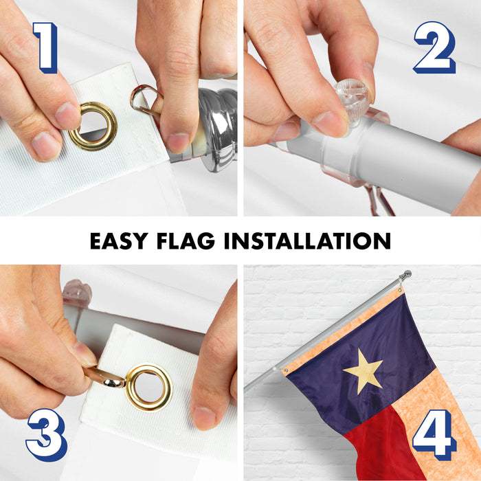 G128 Combo Pack: 5 Ft Tangle Free Aluminum Spinning Flagpole (Silver) & Texas Tea-Stained Flag 2.5x4 Ft, ToughWeave Pro Series Embroidered 420D Polyester | Pole with Flag Included