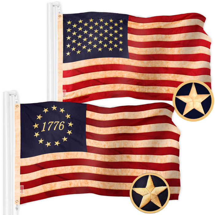 G128 Combo Pack: American USA Tea-Stained Flag 2x3 Ft & 1776 Tea-Stained Flag 2x3 Ft | Both ToughWeave Pro Series Embroidered 420D Polyester, Embroidered Design, Indoor/Outdoor, Brass Grommets