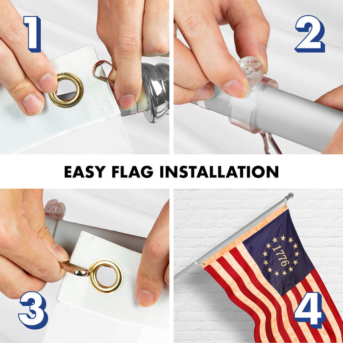 G128 Combo Pack: 5 Ft Tangle Free Aluminum Spinning Flagpole (Silver) & Betsy Ross 1776 Tea-Stained Flag 2.5x4 Ft, ToughWeave Pro Series Embroidered 420D Polyester | Pole with Flag Included