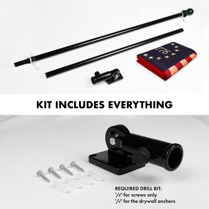 G128 Combo Pack: 5 Ft Tangle Free Aluminum Spinning Flagpole (Black) & Betsy Ross 1776 Tea-Stained Flag 2.5x4 Ft, ToughWeave Pro Series Embroidered 420D Polyester | Pole with Flag Included
