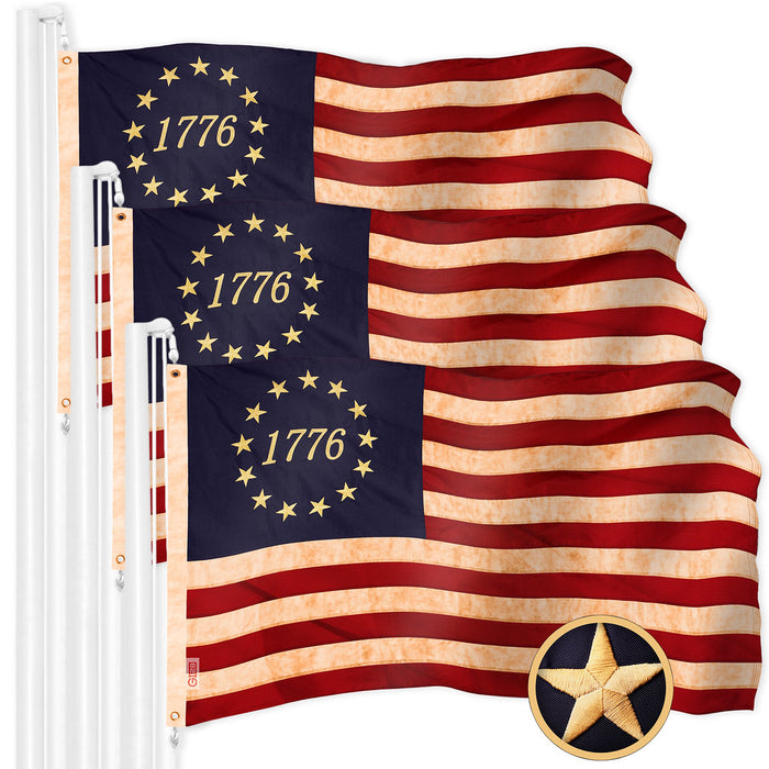 G128 3 Pack: Betsy Ross 1776 Tea-Stained Flag | 3x5 Ft | ToughWeave Pro Series Embroidered 420D Polyester | Historical Flag, Embroidered Design, Indoor/Outdoor, Brass Grommets, High Quality