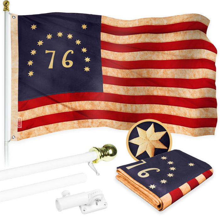 G128 Combo Pack: 5 Ft Tangle Free Aluminum Spinning Flagpole (White) & Bennington 76 Tea-Stained Flag 2.5x4 Ft, ToughWeave Pro Series Embroidered 420D Polyester | Pole with Flag Included