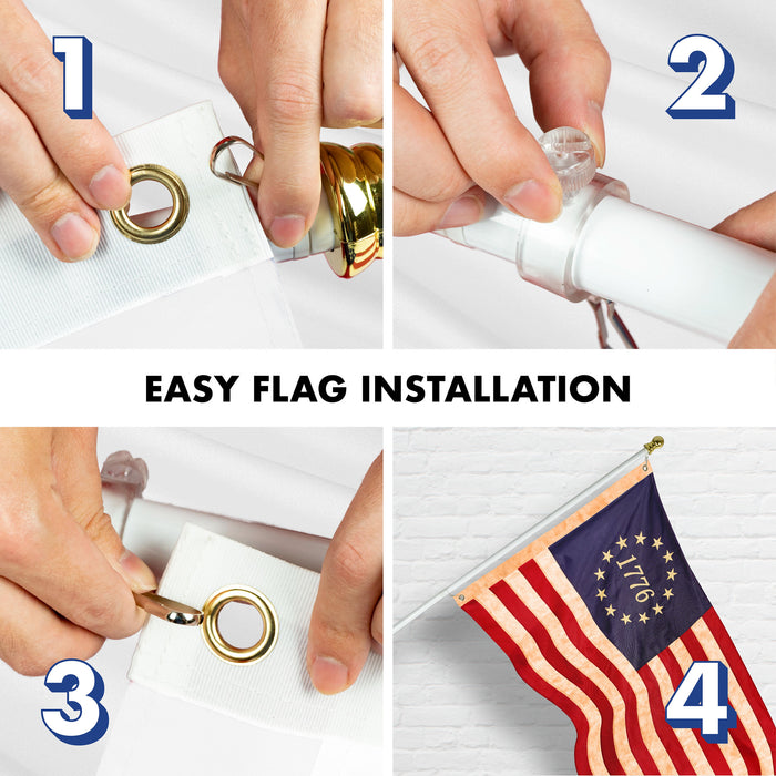 G128 Combo Pack: 5 Ft Tangle Free Aluminum Spinning Flagpole (White) & Betsy Ross 1776 Tea-Stained Flag 2.5x4 Ft, ToughWeave Pro Series Embroidered 420D Polyester | Pole with Flag Included