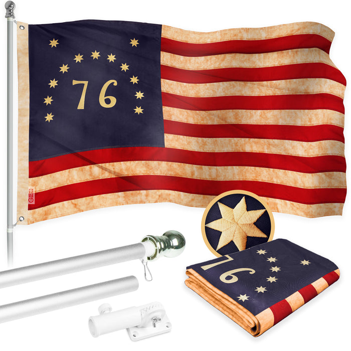 G128 Combo Pack: 5 Ft Tangle Free Aluminum Spinning Flagpole (Silver) & Bennington 76 Tea-Stained Flag 2.5x4 Ft, ToughWeave Pro Series Embroidered 420D Polyester | Pole with Flag Included