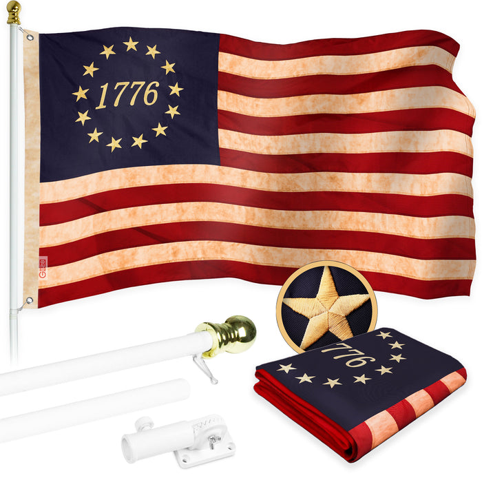 G128 Combo Pack: 5 Ft Tangle Free Aluminum Spinning Flagpole (White) & Betsy Ross 1776 Tea-Stained Flag 2.5x4 Ft, ToughWeave Pro Series Embroidered 420D Polyester | Pole with Flag Included