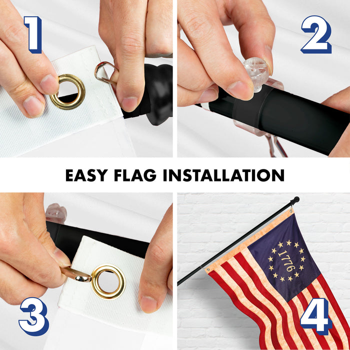 G128 Combo Pack: 5 Ft Tangle Free Aluminum Spinning Flagpole (Black) & Betsy Ross 1776 Tea-Stained Flag 2.5x4 Ft, ToughWeave Pro Series Embroidered 420D Polyester | Pole with Flag Included