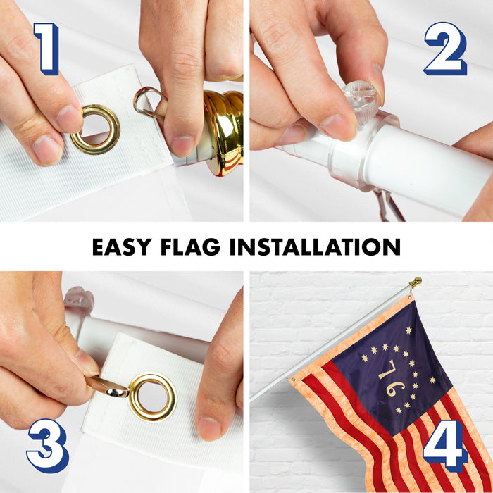 G128 Combo Pack: 5 Ft Tangle Free Aluminum Spinning Flagpole (White) & Bennington 76 Tea-Stained Flag 2.5x4 Ft, ToughWeave Pro Series Embroidered 420D Polyester | Pole with Flag Included