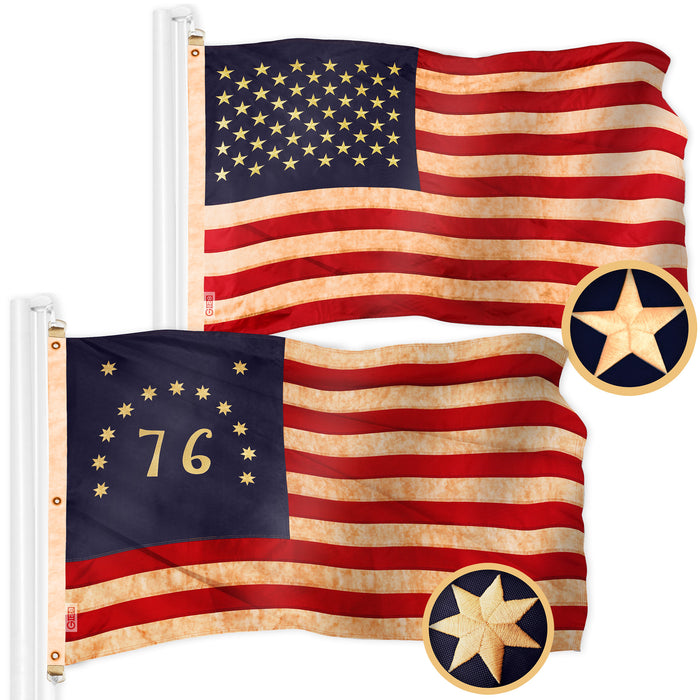 G128 Combo Pack: American USA Tea-Stained Flag 6x10 Ft & Bennington 76 Tea-Stained Flag 6x10 Ft | Both ToughWeave Pro Series Embroidered 420D Polyester, Embroidered Design, Brass Grommets