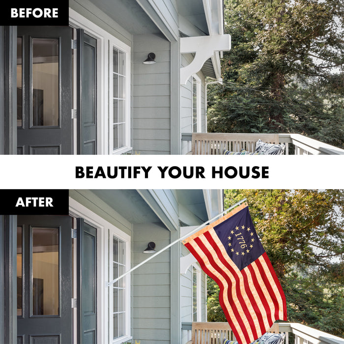 G128 Combo Pack: 5 Ft Tangle Free Aluminum Spinning Flagpole (White) & Betsy Ross 1776 Tea-Stained Flag 2.5x4 Ft, ToughWeave Pro Series Embroidered 420D Polyester | Pole with Flag Included