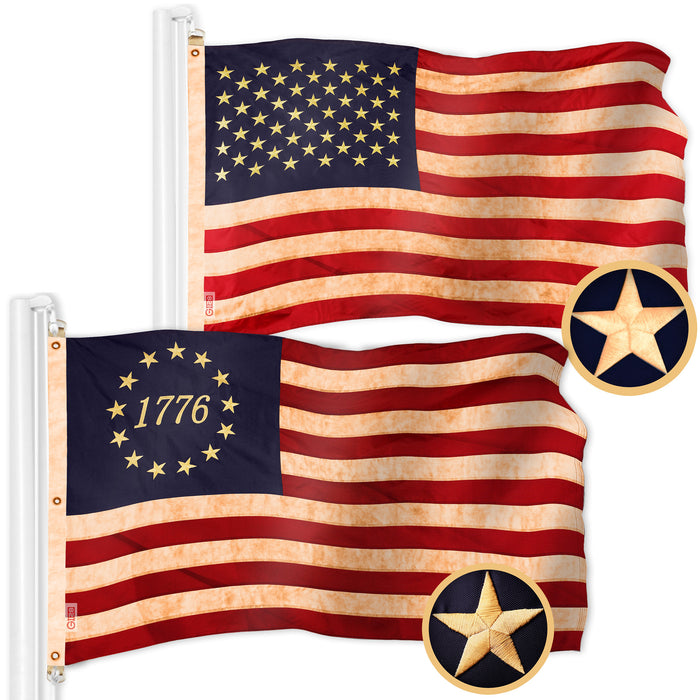 G128 Combo Pack: American USA Tea-Stained Flag 5x8 Ft & 1776 Tea-Stained Flag 5x8 Ft | Both ToughWeave Pro Series Embroidered 420D Polyester, Embroidered Design, Indoor/Outdoor, Brass Grommets