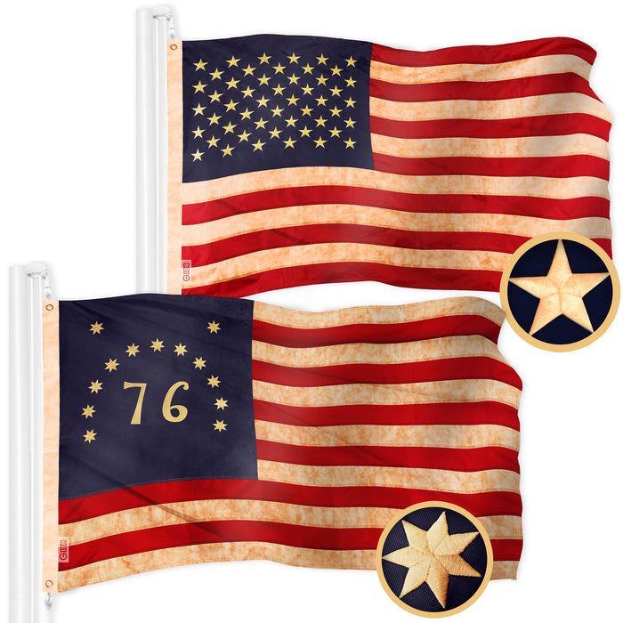G128 Combo Pack: American USA Tea-Stained Flag 1x1.5 Ft & Bennington 76 Tea-Stained Flag 1x1.5 Ft | Both ToughWeave Pro Series Embroidered 420D Polyester, Embroidered Design, Brass Grommets