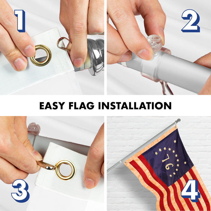 G128 Combo Pack: 5 Ft Tangle Free Aluminum Spinning Flagpole (Silver) & Bennington 76 Tea-Stained Flag 2x3 Ft, ToughWeave Pro Series Embroidered 420D Polyester | Pole with Flag Included