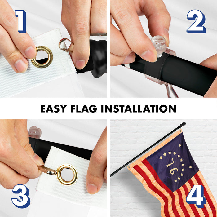 G128 Combo Pack: 6 Ft Tangle Free Aluminum Spinning Flagpole (Black) & Bennington 76 Tea-Stained Flag 3x5 Ft, ToughWeave Pro Series Embroidered 420D Polyester | Pole with Flag Included