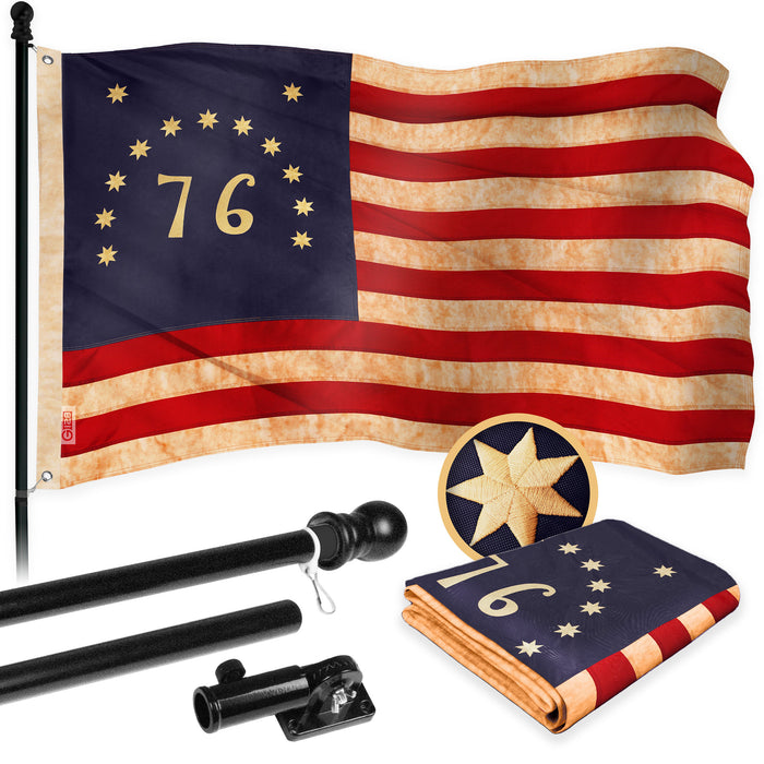 G128 Combo Pack: 5 Ft Tangle Free Aluminum Spinning Flagpole (Black) & Bennington 76 Tea-Stained Flag 2x3 Ft, ToughWeave Pro Series Embroidered 420D Polyester | Pole with Flag Included