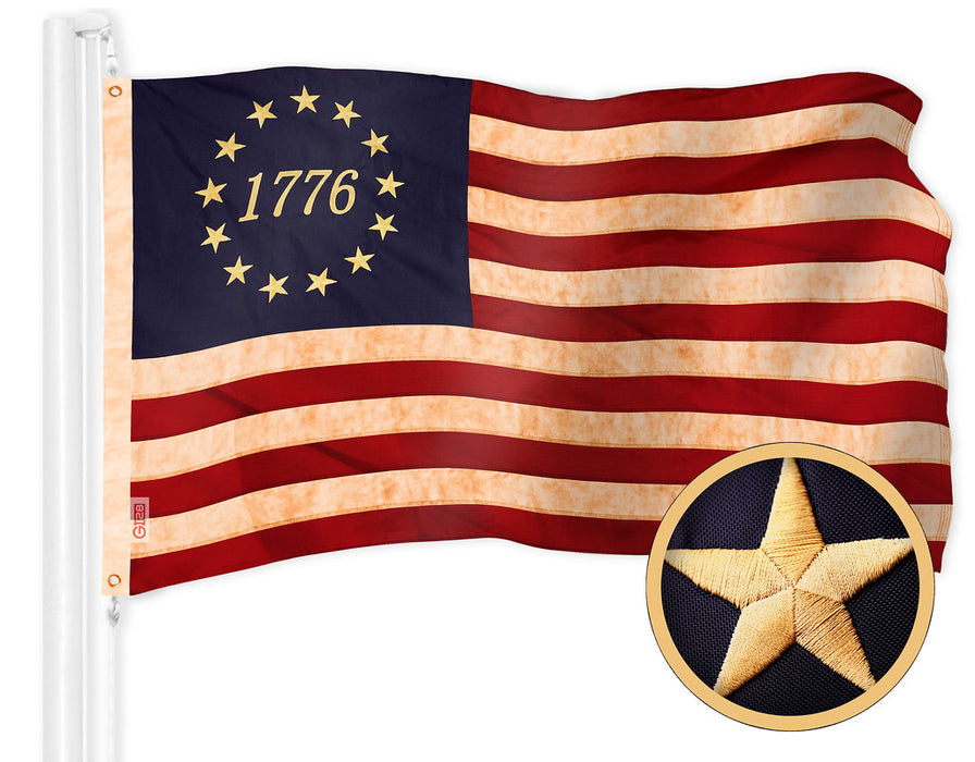G128 Betsy Ross 1776 Tea-Stained Flag | 4x6 Ft | ToughWeave Pro Series Embroidered 420D Polyester | Historical Flag, Embroidered Design, Indoor/Outdoor, Brass Grommets, High Quality