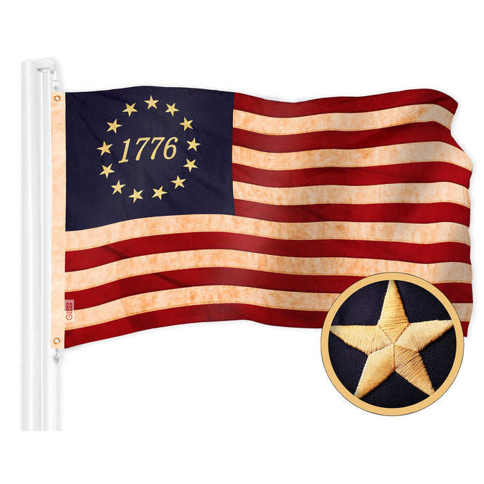 G128 Combo Pack: American USA Tea-Stained Flag 2x3 Ft & 1776 Tea-Stained Flag 2x3 Ft | Both ToughWeave Pro Series Embroidered 420D Polyester, Embroidered Design, Indoor/Outdoor, Brass Grommets