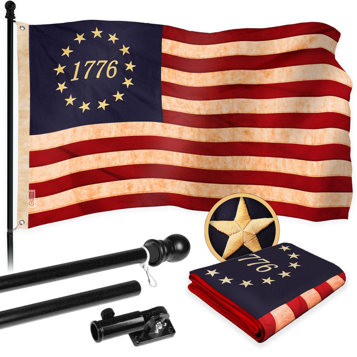 G128 Combo Pack: 5 Ft Tangle Free Aluminum Spinning Flagpole (Black) & Betsy Ross 1776 Tea-Stained Flag 2.5x4 Ft, ToughWeave Pro Series Embroidered 420D Polyester | Pole with Flag Included