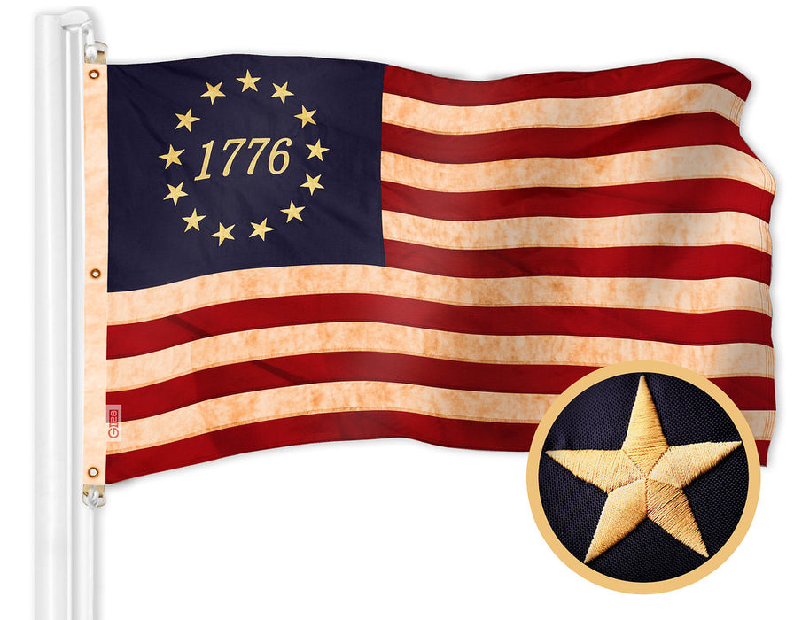 G128 Betsy Ross 1776 Tea-Stained Flag | 6x10 Ft | ToughWeave Pro Series Embroidered 420D Polyester | Historical Flag, Embroidered Design, Indoor/Outdoor, Brass Grommets, High Quality