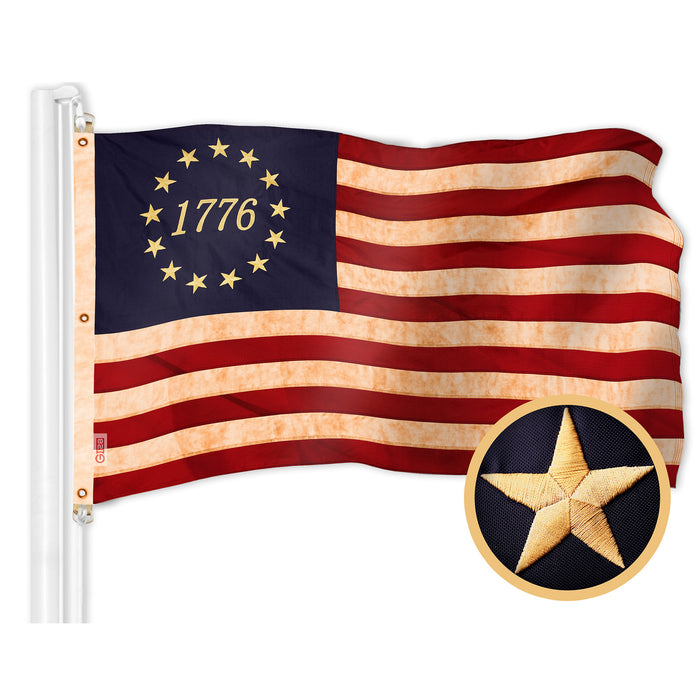G128 Combo Pack: American USA Tea-Stained Flag 5x8 Ft & 1776 Tea-Stained Flag 5x8 Ft | Both ToughWeave Pro Series Embroidered 420D Polyester, Embroidered Design, Indoor/Outdoor, Brass Grommets