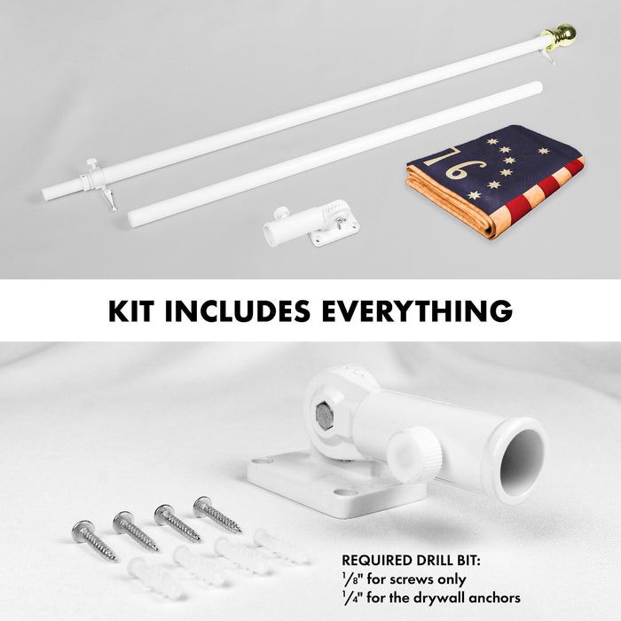 G128 Combo Pack: 5 Ft Tangle Free Aluminum Spinning Flagpole (White) & Bennington 76 Tea-Stained Flag 2x3 Ft, ToughWeave Pro Series Embroidered 420D Polyester | Pole with Flag Included