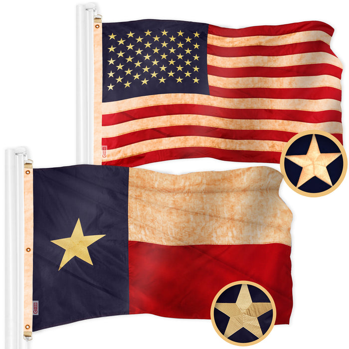 G128 Combo Pack: American USA Tea-Stained Flag 6x10 Ft & Texas Tea-Stained Flag 6x10 Ft | Both ToughWeave Pro Series Embroidered 420D Polyester, Embroidered Design, Indoor/Outdoor, Brass Grommets