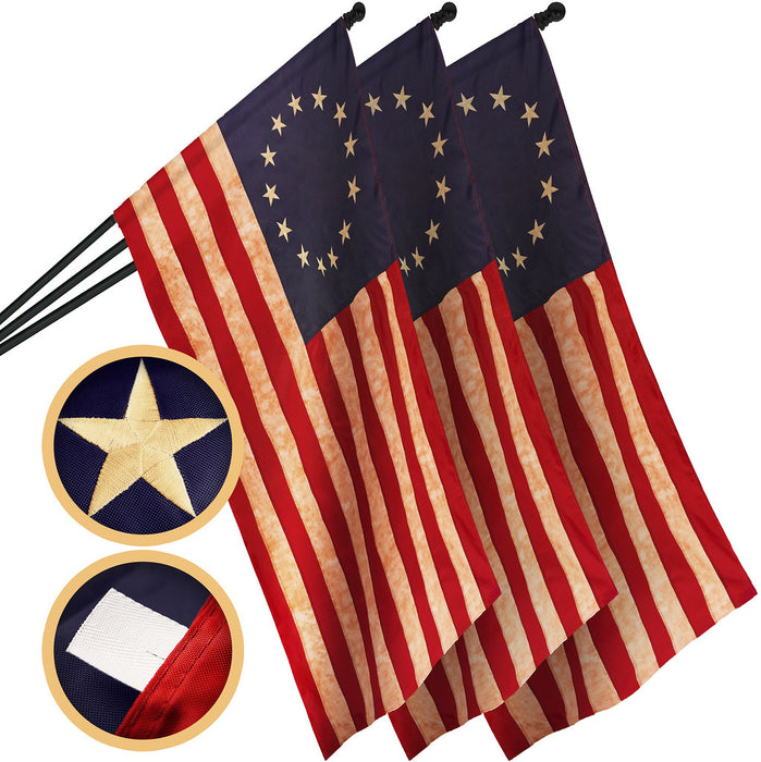 G128 3 Pack: Betsy Ross Tea-Stained Flag | 2x3 Ft | ToughWeave Pro Series Pole Sleeve Embroidered 420D Polyester | Historical Flag, Embroidered Design, High Quality, NO Flagpole Included