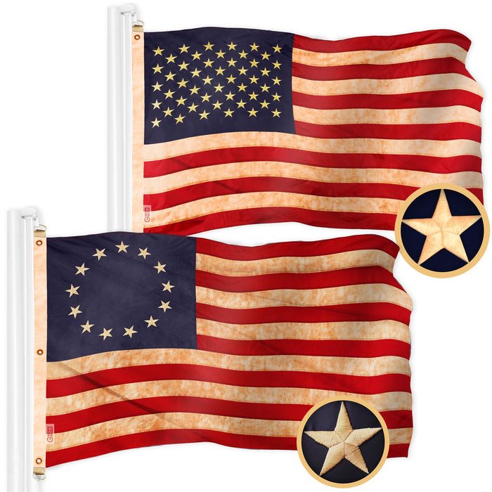 G128 Combo Pack: American USA Tea-Stained Flag 5x8 Ft & Betsy Ross Tea-Stained Flag 5x8 Ft | Both ToughWeave Pro Series Embroidered 420D Polyester, Embroidered Design, Indoor/Outdoor, Brass Grommets