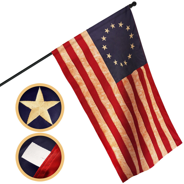G128 Betsy Ross Tea-Stained Flag | 3x5 Ft | Pole Sleeve Embroidered 420D Polyester - Embroidered Stars, Sewn Stripes, Brass Grommets, Indoor/Outdoor, Vibrant Colors, Quality Polyester