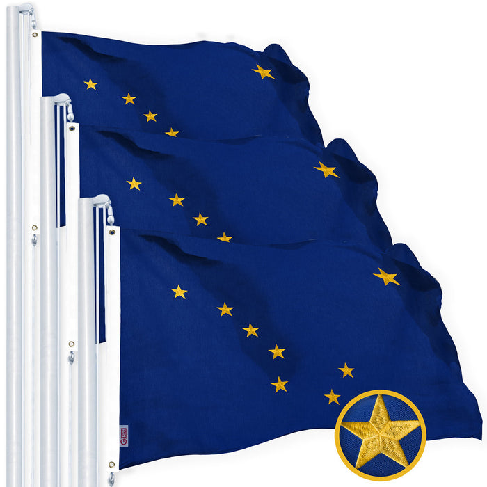 G128 3 Pack: Alaska AK State Flag | 3x5 Ft | Embroidered 220GSM SPUN POLYESTER - Embroidered Stars, Sewn Stripes, Brass Grommets, Indoor/Outdoor, Vibrant Colors, Heavy Duty SPUN POLYESTER