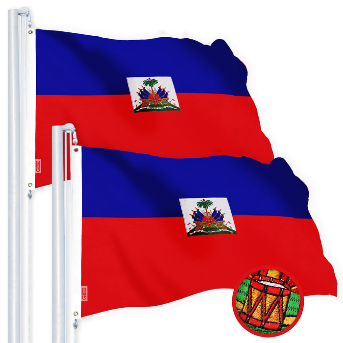 G128 2 Pack: Haiti Haitian Flag | 2x3 Ft | StormFlyer Series Embroidered 220GSM Spun Polyester | Country Flag, Embroidered Design, Indoor/Outdoor, Brass Grommets, Heavy Duty, All Weather