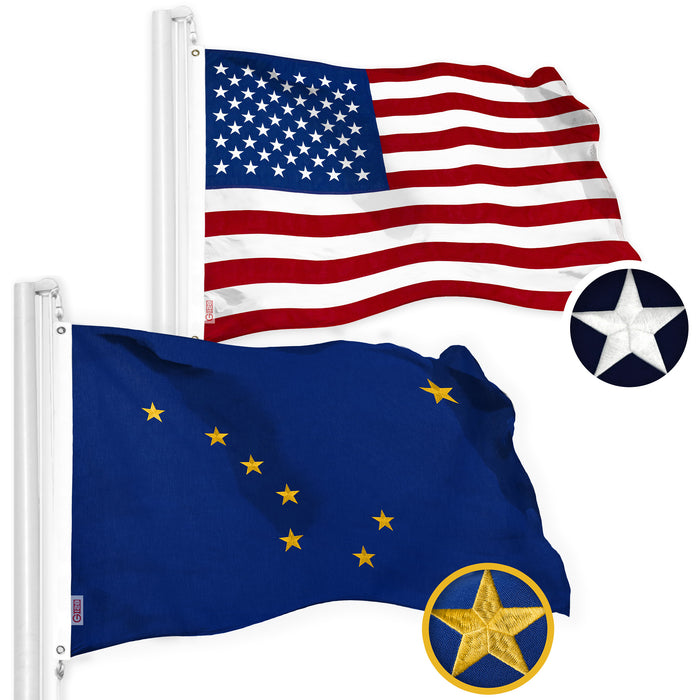 G128 Combo Pack: American USA Flag 2.5x4 Ft & Alaska Flag 2.5x4 Ft, Both Embroidered SPUN Polyester, Indoor/Outdoor, Brass Grommets