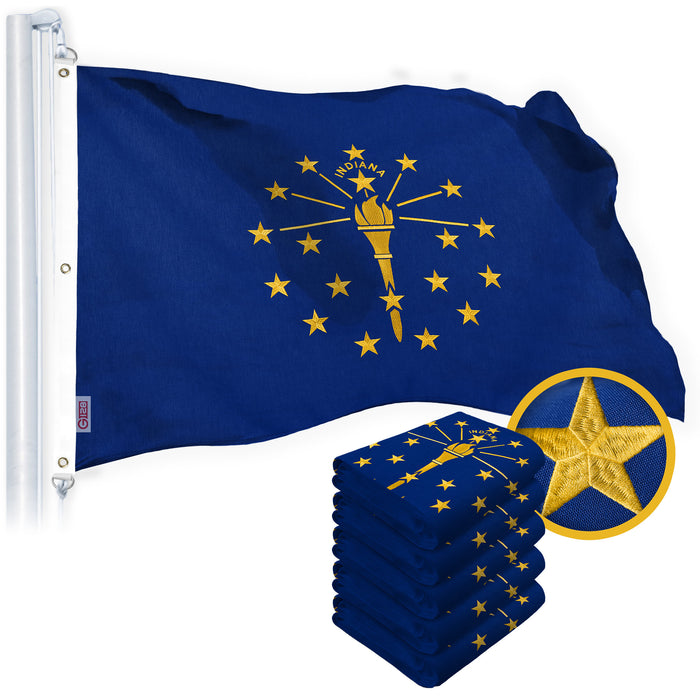 G128 5 Pack: Indiana IN State Flag | 5x8 Ft | StormFlyer Series Embroidered 220GSM Spun Polyester | Embroidered Design, Indoor/Outdoor, Brass Grommets, Heavy Duty, All Weather