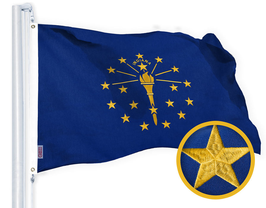 G128 Indiana IN State Flag | 3x5 Ft | Embroidered 220GSM SPUN POLYESTER - Embroidered Stars, Sewn Stripes, Brass Grommets, Indoor/Outdoor, Vibrant Colors, Heavy Duty SPUN POLYESTER