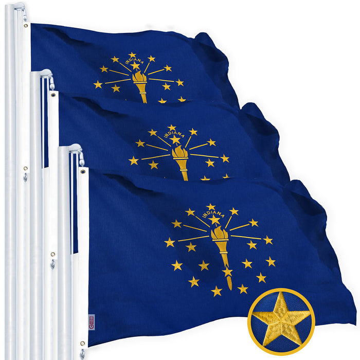 G128 3 Pack: Indiana IN State Flag | 3x5 Ft | Embroidered 220GSM SPUN POLYESTER - Embroidered Stars, Sewn Stripes, Brass Grommets, Indoor/Outdoor, Vibrant Colors, Heavy Duty SPUN POLYESTER