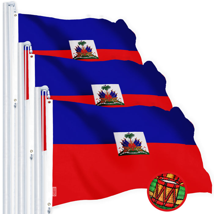 G128 3 Pack: Haiti Haitian Flag | 4x6 Ft | StormFlyer Series Embroidered 220GSM Spun Polyester | Country Flag, Embroidered Design, Indoor/Outdoor, Brass Grommets, Heavy Duty, All Weather