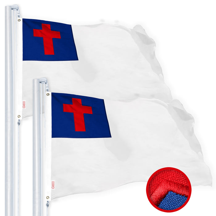G128 2 Pack: Christian Flag | 1x1.5 Ft | StormFlyer Series Embroidered 220GSM Spun Polyester | Religious Flag, Embroidered Design, Indoor/Outdoor, Brass Grommets, Heavy Duty, All Weather