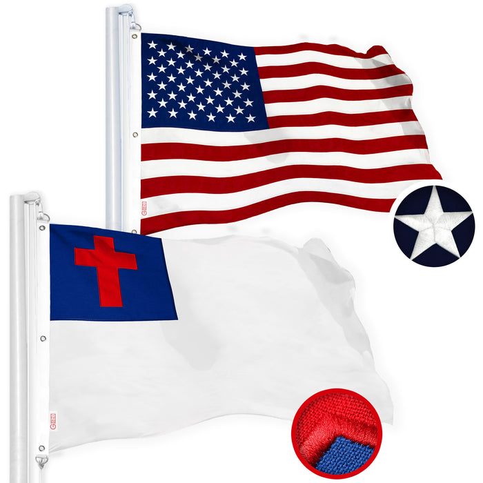 G128 Combo Pack: American USA Flag 5x8 Ft & Christian Flag 5x8 Ft, Both Embroidered SPUN Polyester, Indoor/Outdoor, Brass Grommets