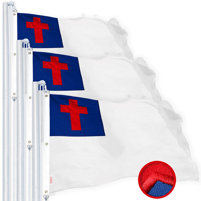 G128 3 Pack: Christian Flag | 6x10 Ft | StormFlyer Series Embroidered 220GSM Spun Polyester | Religious Flag, Embroidered Design, Indoor/Outdoor, Brass Grommets, Heavy Duty, All Weather