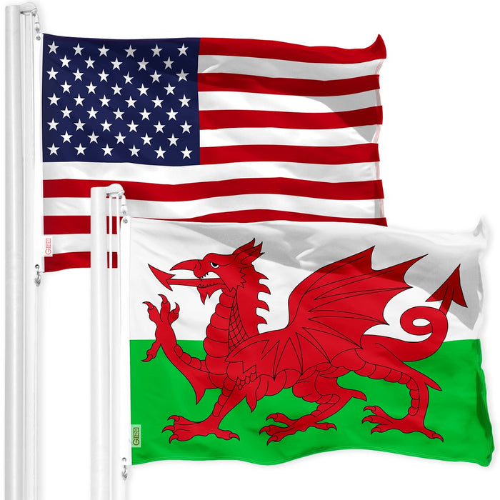 G128 Combo Pack: American USA Flag 3x5 Ft & UK Wales Flag 3x5 Ft, Both Printed 150D Polyester, Indoor/Outdoor, Brass Grommets