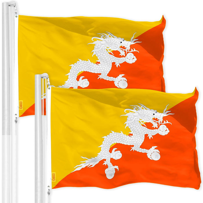 G128 2 Pack: Bhutan Bhutanese Flag | 3x5 Ft | LiteWeave Pro Series Printed 150D Polyester | Country Flag, Indoor/Outdoor, Vibrant Colors, Brass Grommets, Thicker and More Durable Than 100D 75D Poly